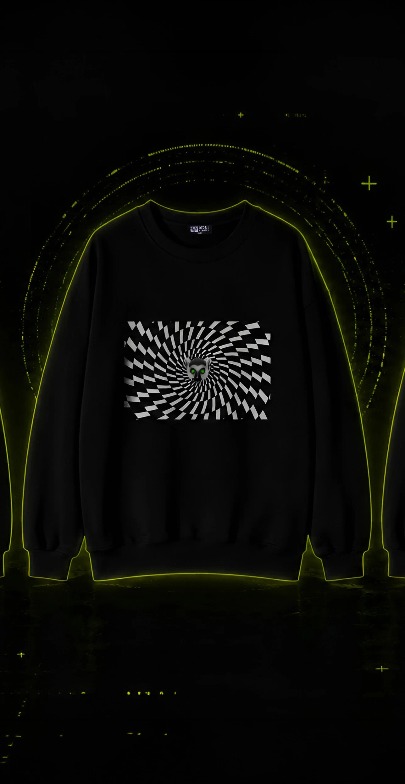 Indri Ethnics oversize baskılı sweatshirt koleksiyonu; ortada siyah-beyaz optik illüzyon ve kurukafa baskısı